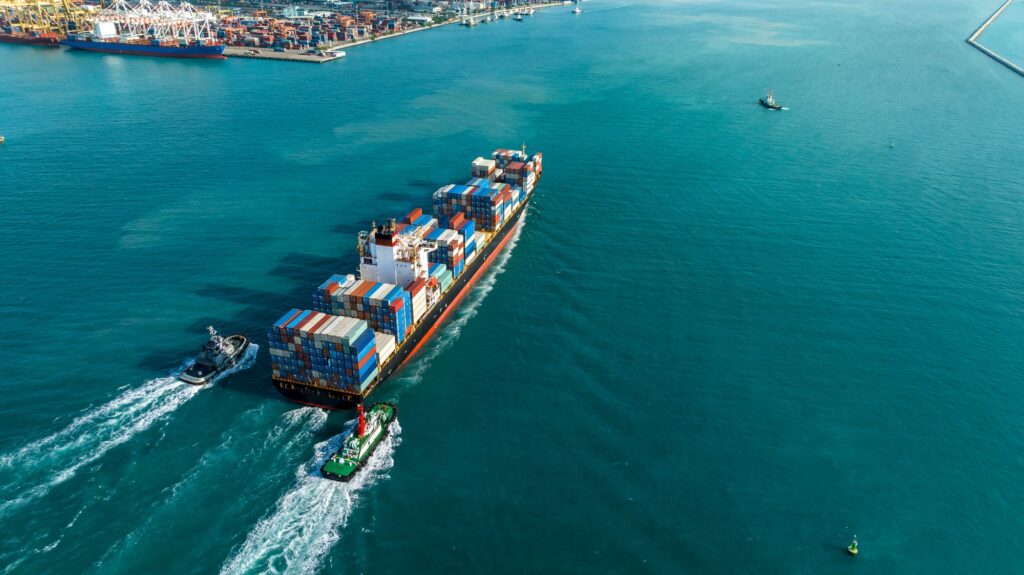 Aerial view container cargo ship maritime freight shipping by container cargo ship, Global business.
